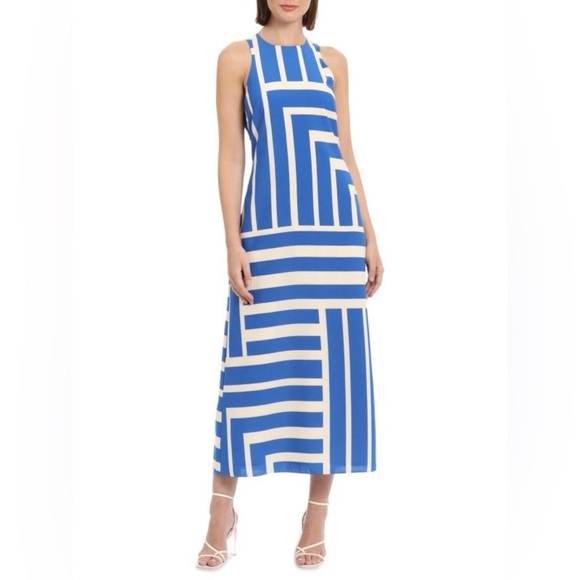 Donna Morgan Blue and White Geometric SleevelessMaxi Dress, Size 12